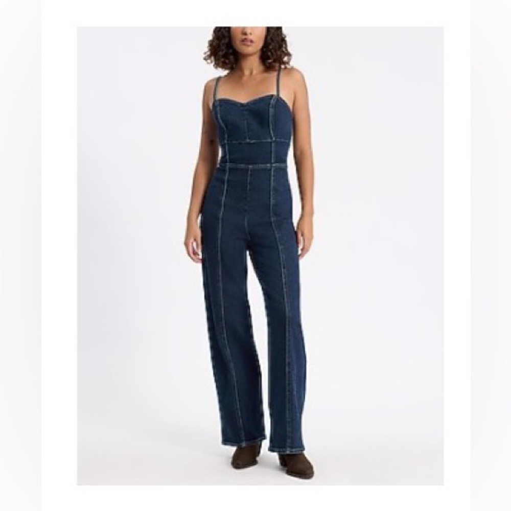 Express Dark Blue Jean Wide-Leg Jumpsuit